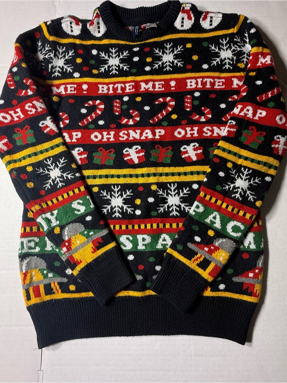 Divided H&M Men's Black Ugly Christmas Knit Sweater with Festive Print